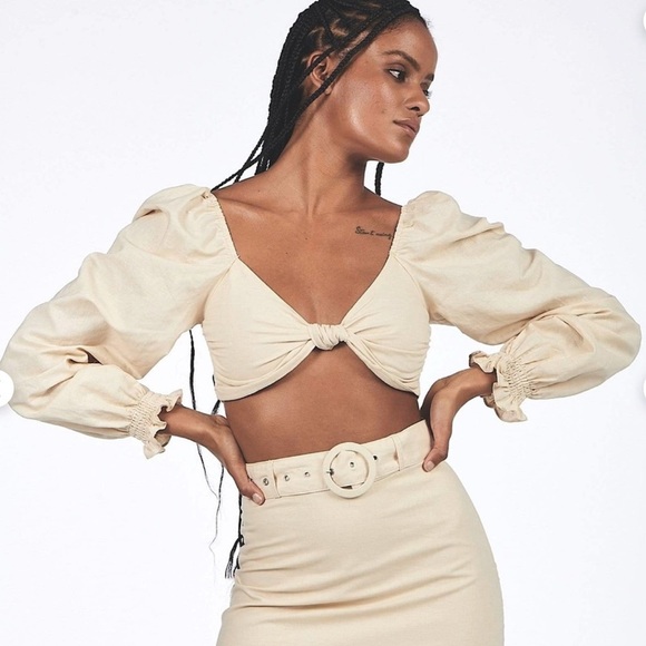 Charlie Holiday Linen Cotton Crop Top Size 8 Balloon Sleeves Coconut Girl Beachy - Picture 1 of 9
